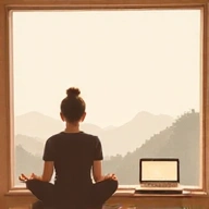A person meditating by a laptop with a serene background, symbolizing work-life balance.