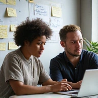 Two people collaborating on a laptop, symbolizing teamwork and idea sharing.