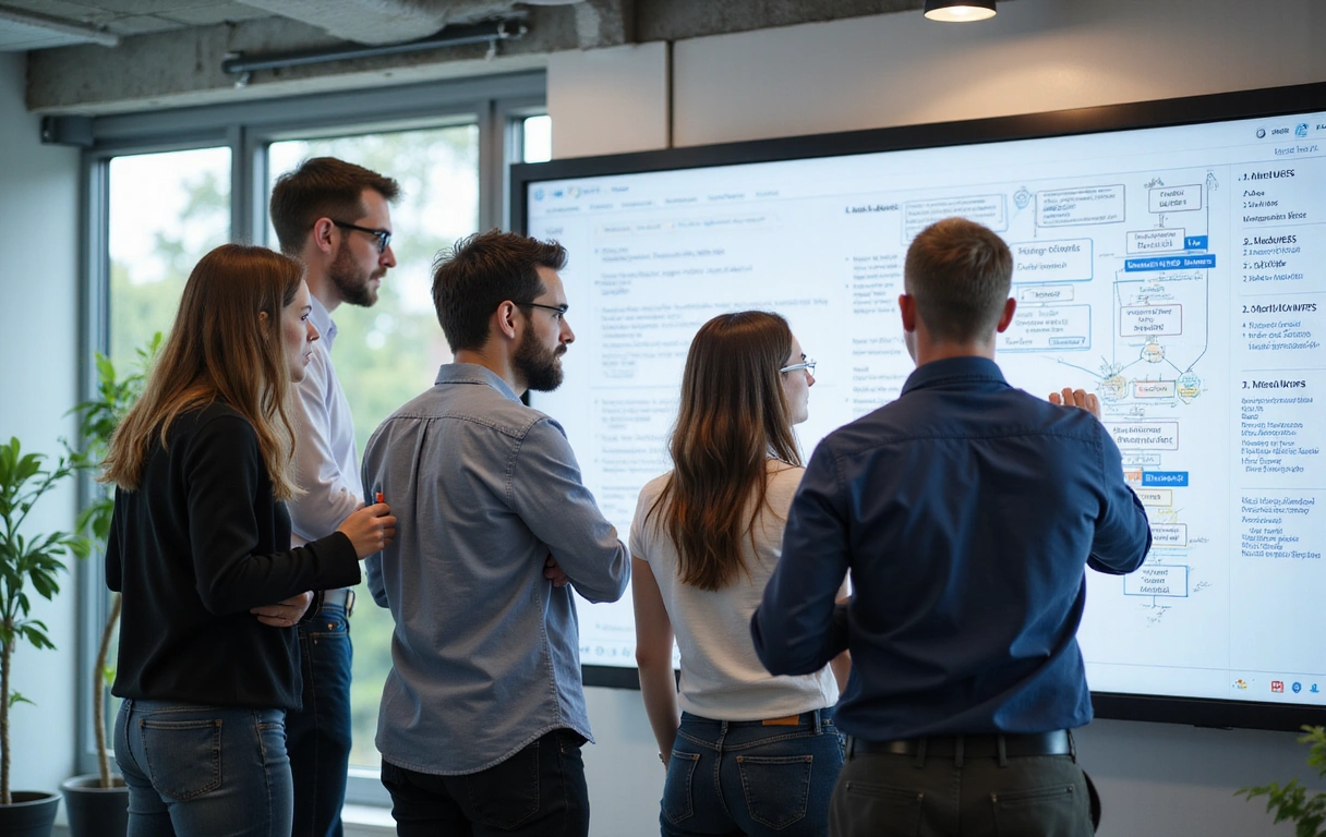 A team of diverse software engineers collaborating around a whiteboard, discussing architectural diagrams and code flows, with sticky notes and markers.