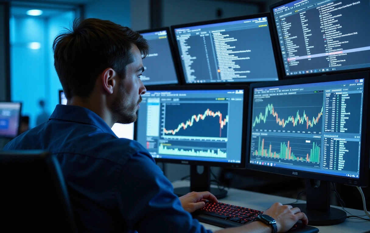 A software engineer working on a complex financial application interface with code snippets and charts visible on multiple monitors.